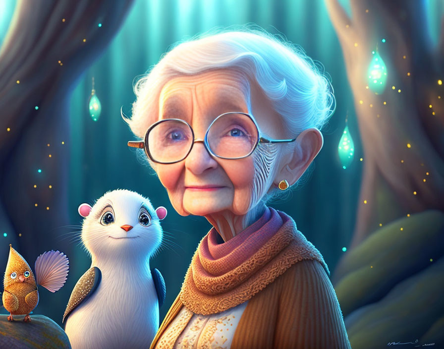 Elderly lady with glasses in glowing forest with weasel and bird