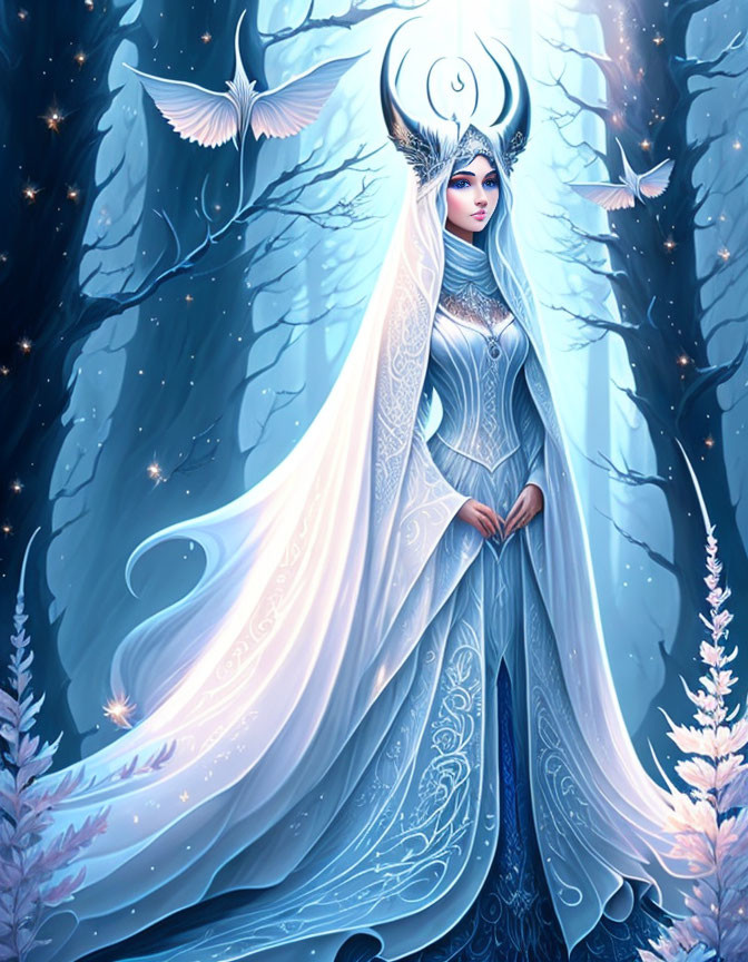 Ethereal figure in white and blue gown with crown in wintry forest surrounded by butterflies