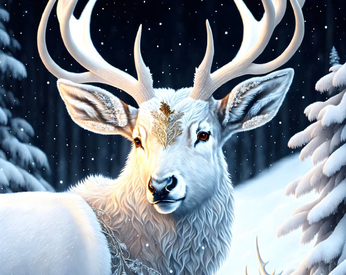 White Stag with Golden Leaf Pattern in Snowy Twilight Forest