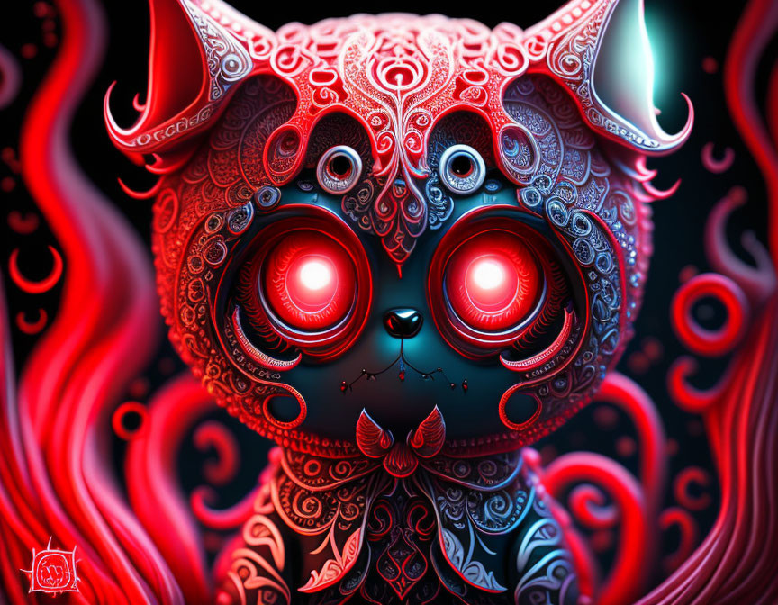 Detailed Stylized Cat Illustration with Red and Black Patterns