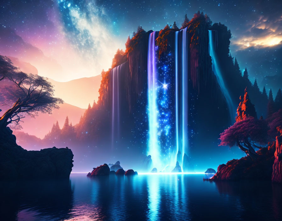 Fantasy landscape with glowing starry waterfall in serene lake