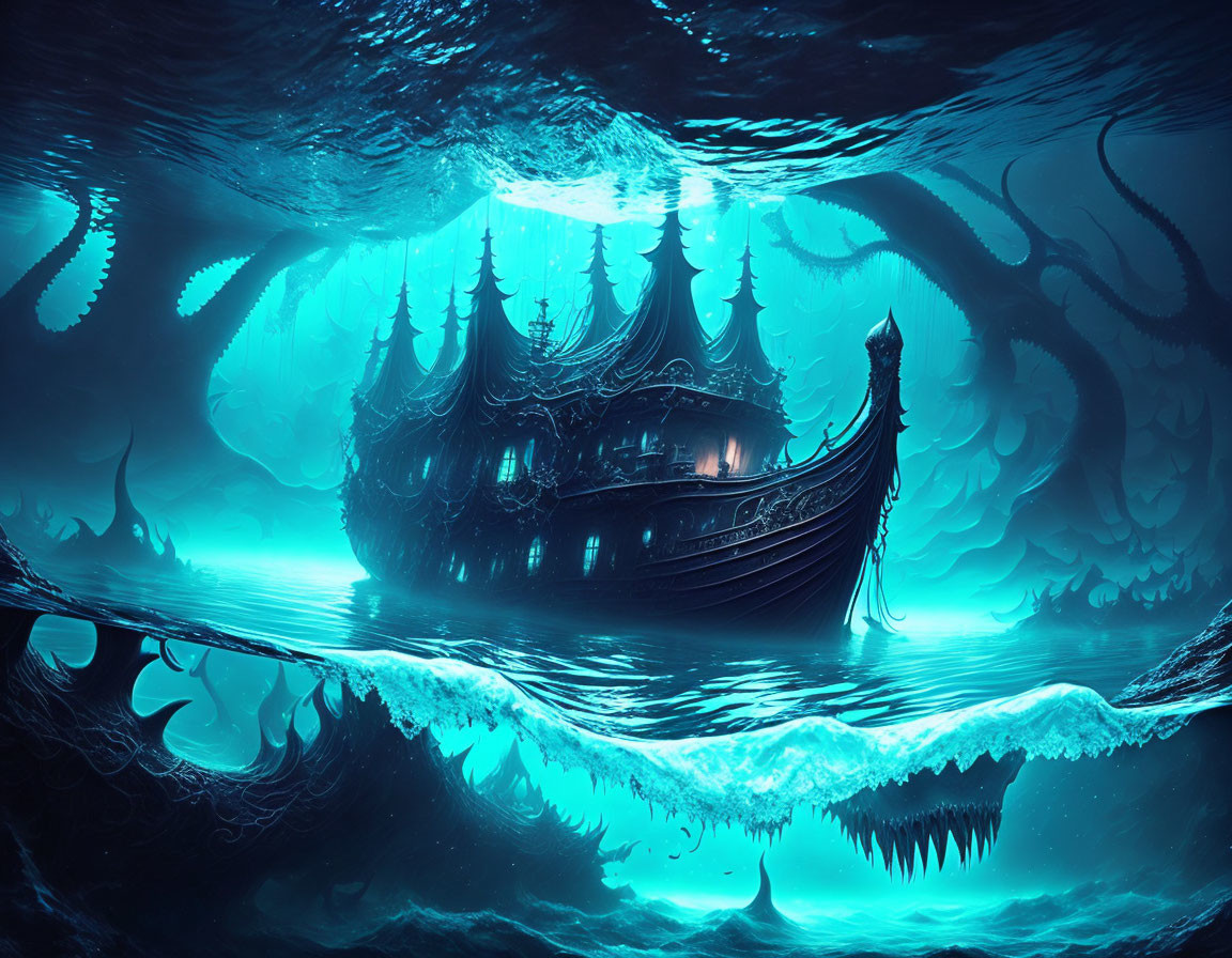 Ethereal underwater scene with dark ship and glowing fauna