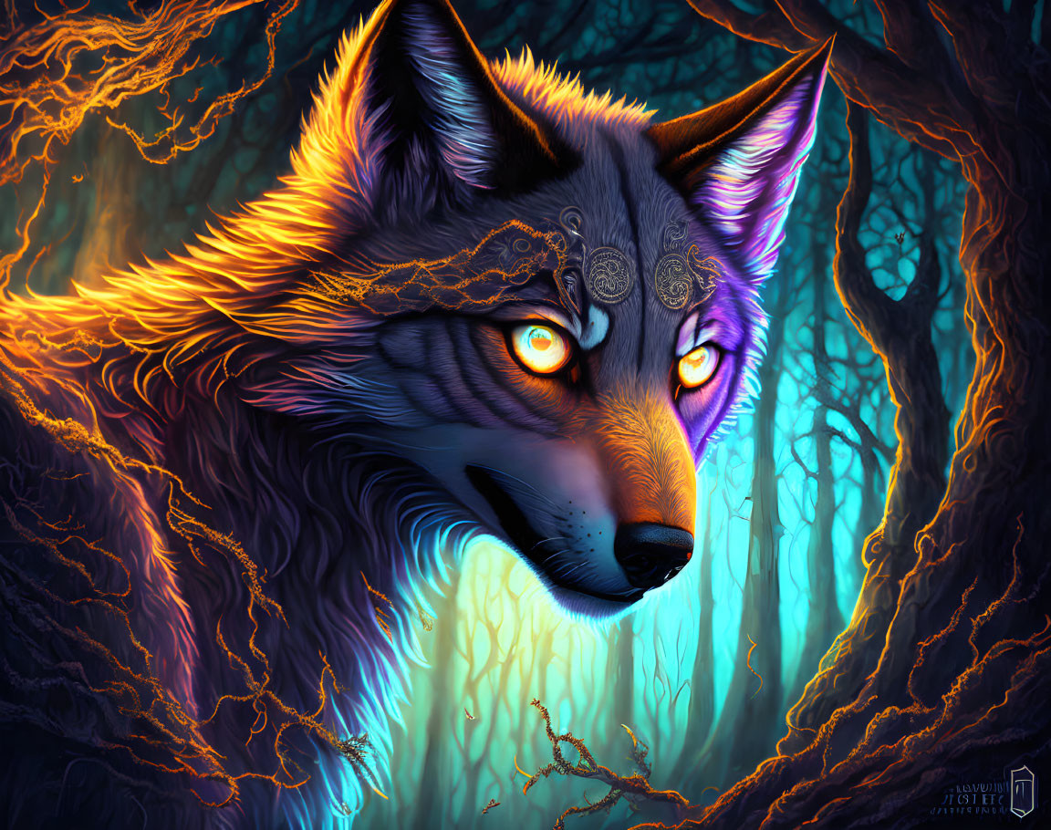 Mystical wolf with glowing eyes in enchanted neon-lit forest