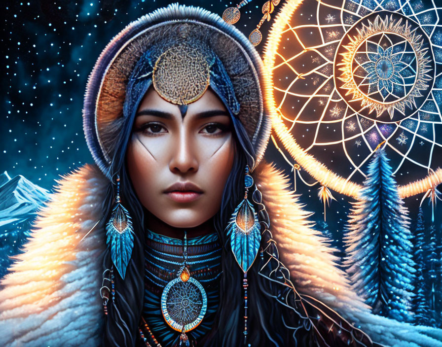 Portrait of Woman with Tribal Adornments in Night Sky Setting