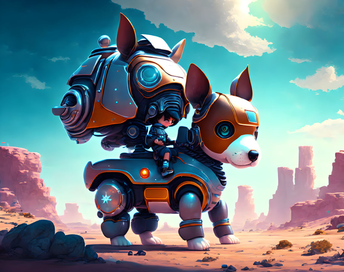 Futuristic armored character on mechanical dog in desert landscape