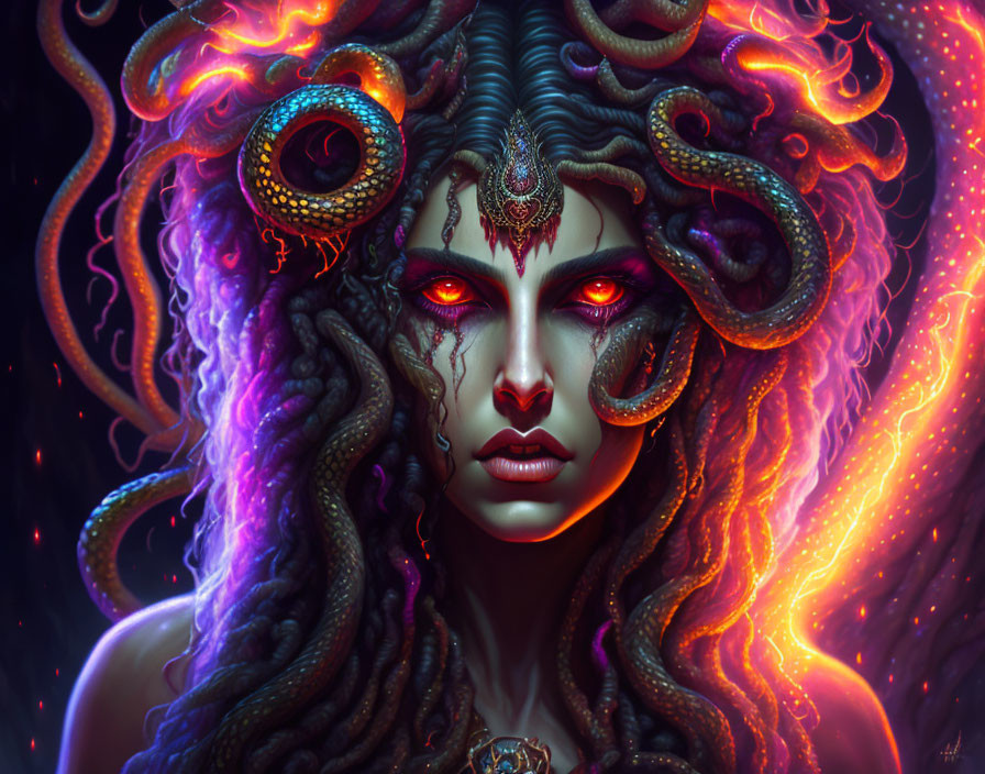 Fantasy portrait of Medusa-like figure with glowing eyes and serpentine hair