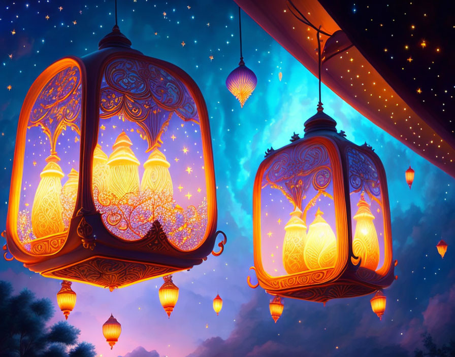 Ornate lanterns glowing against twilight sky