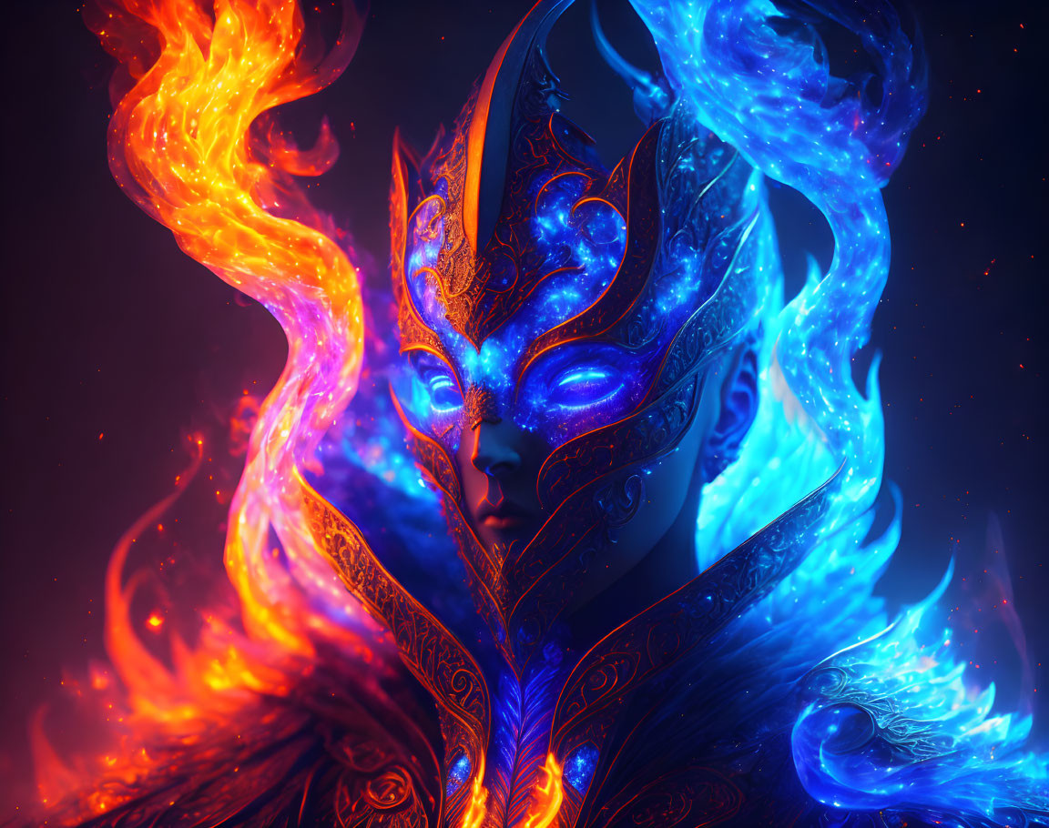 Colorful artwork featuring figure with blue and red mask, flames, and mist