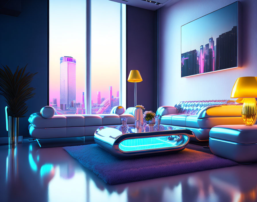 Modern living room with neon lights, sleek furniture, city view, glowing table