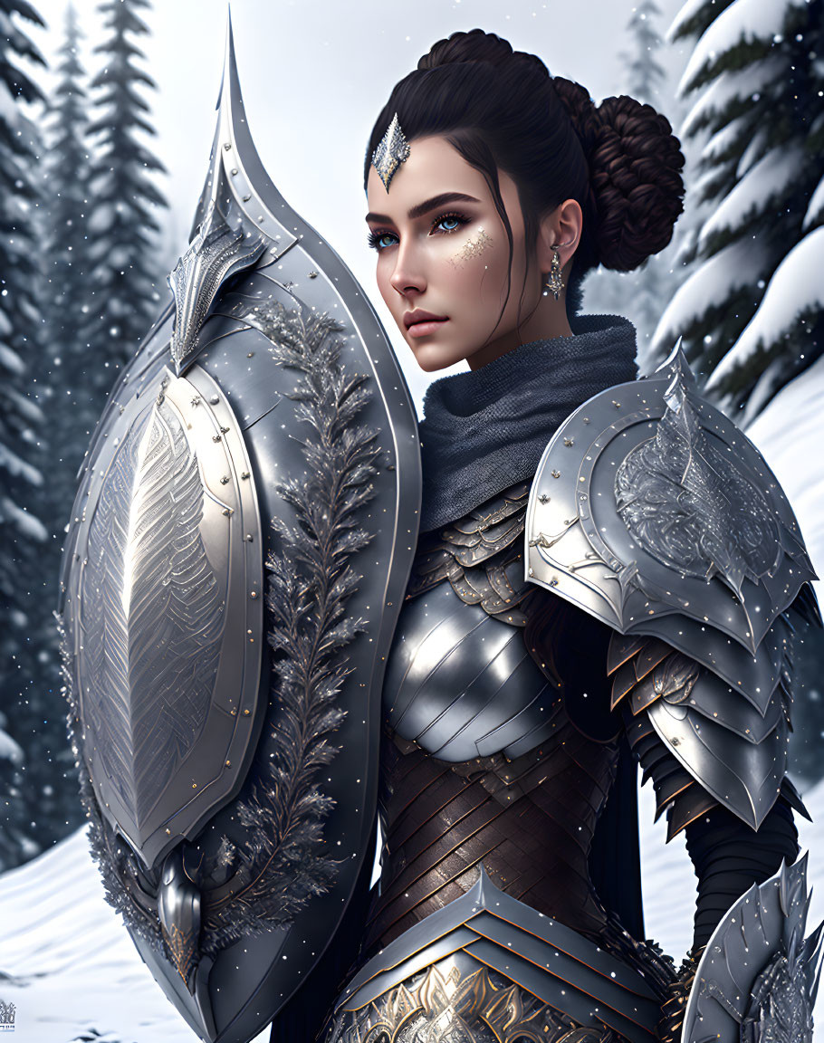 Regal warrior in silver armor against snowy forest backdrop