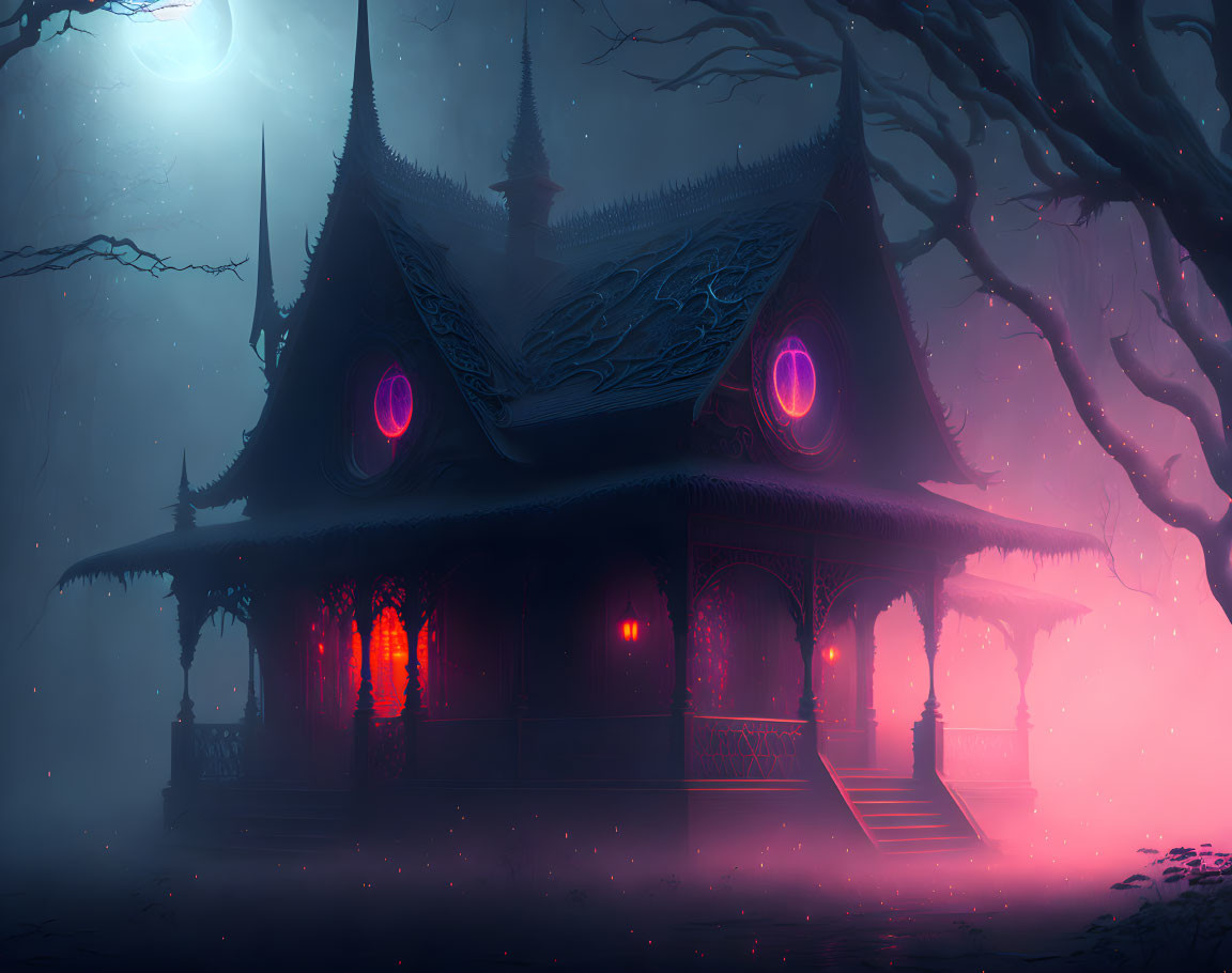 Mystical eerie image of traditional house with glowing red and purple windows