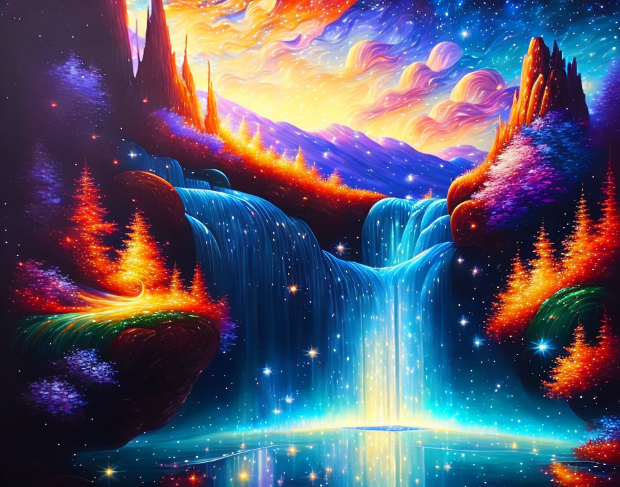 Colorful surreal landscape with luminous waterfalls and swirling nebula sky