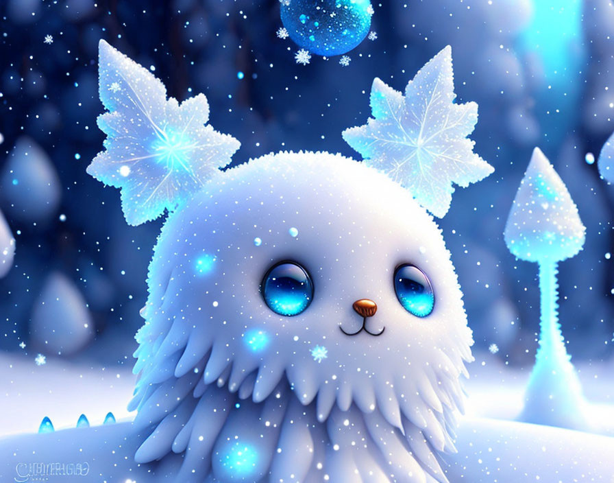 Animated snow creature with blue eyes in snowfall