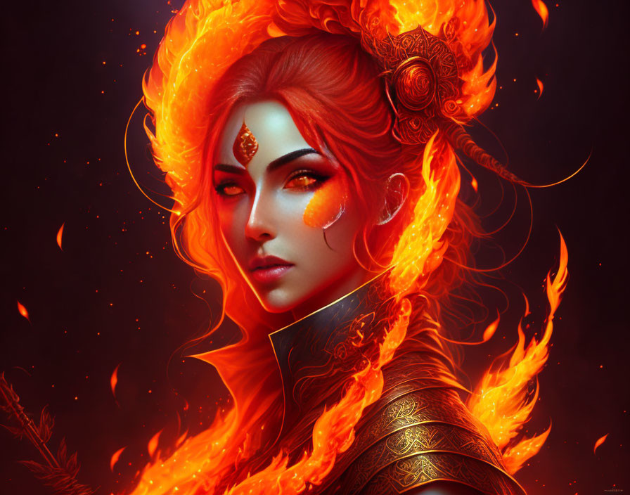 Digital artwork: Woman with fiery red hair, glowing eyes, flames, embers, golden armor.