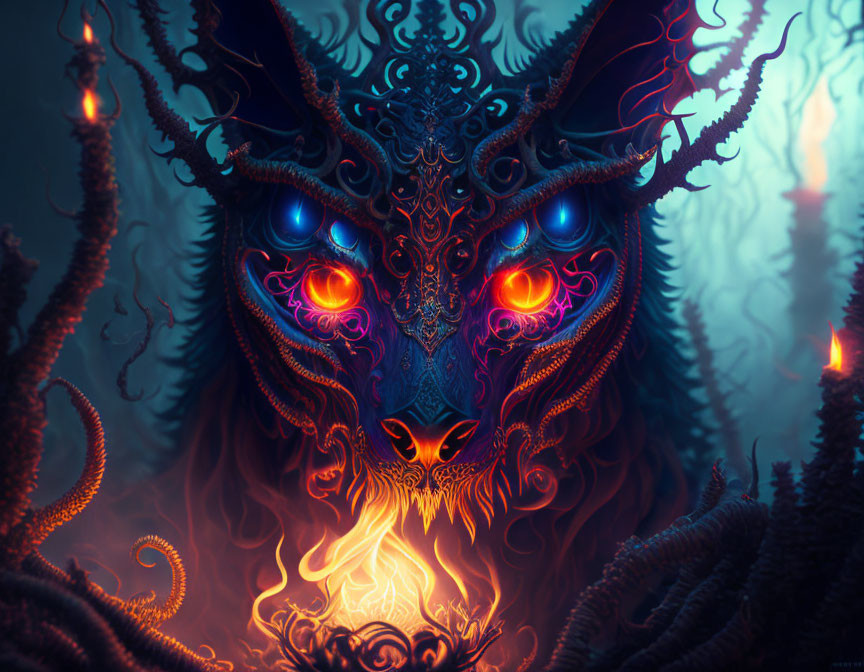 Intricate mythical creature with glowing eyes and ornate horns in fiery, mystical setting