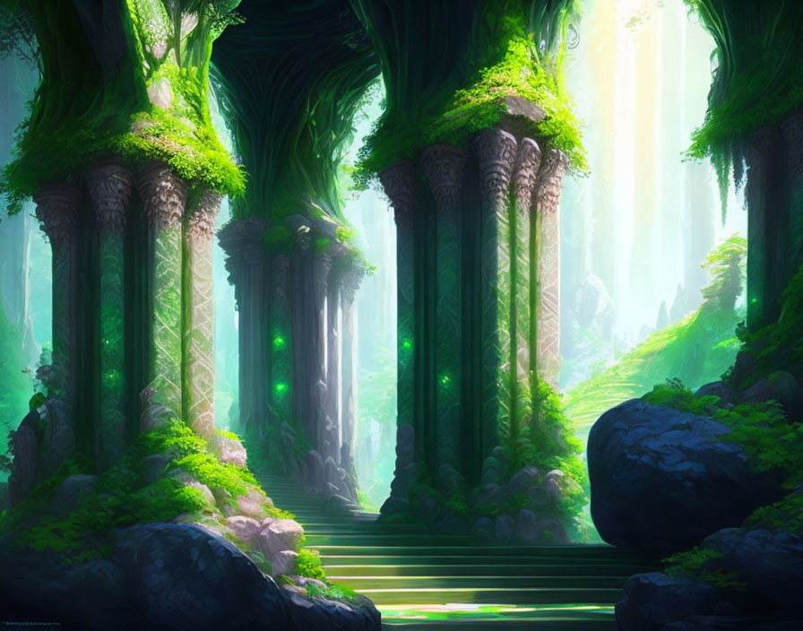 Majestic forest with towering trees and sunlight beams