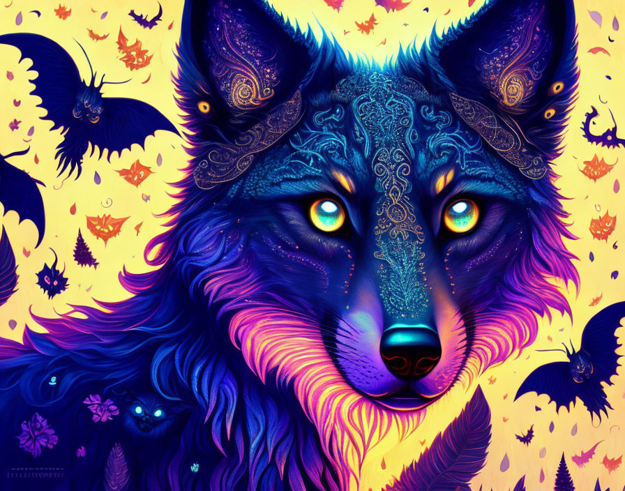 Colorful Wolf Artwork with Autumn Leaves and Bat Silhouettes