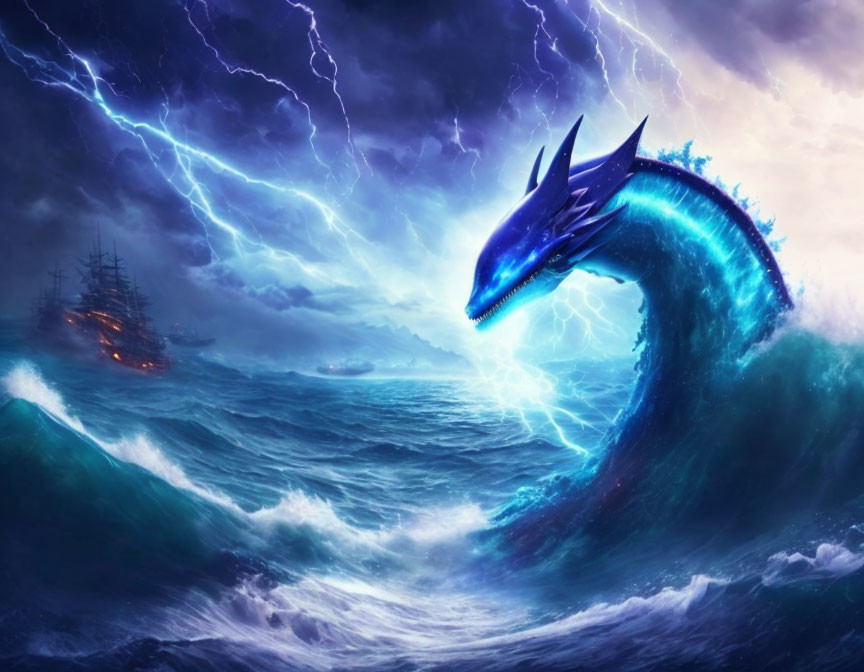 Enormous blue sea monster emerges in stormy ocean with lightning-filled sky