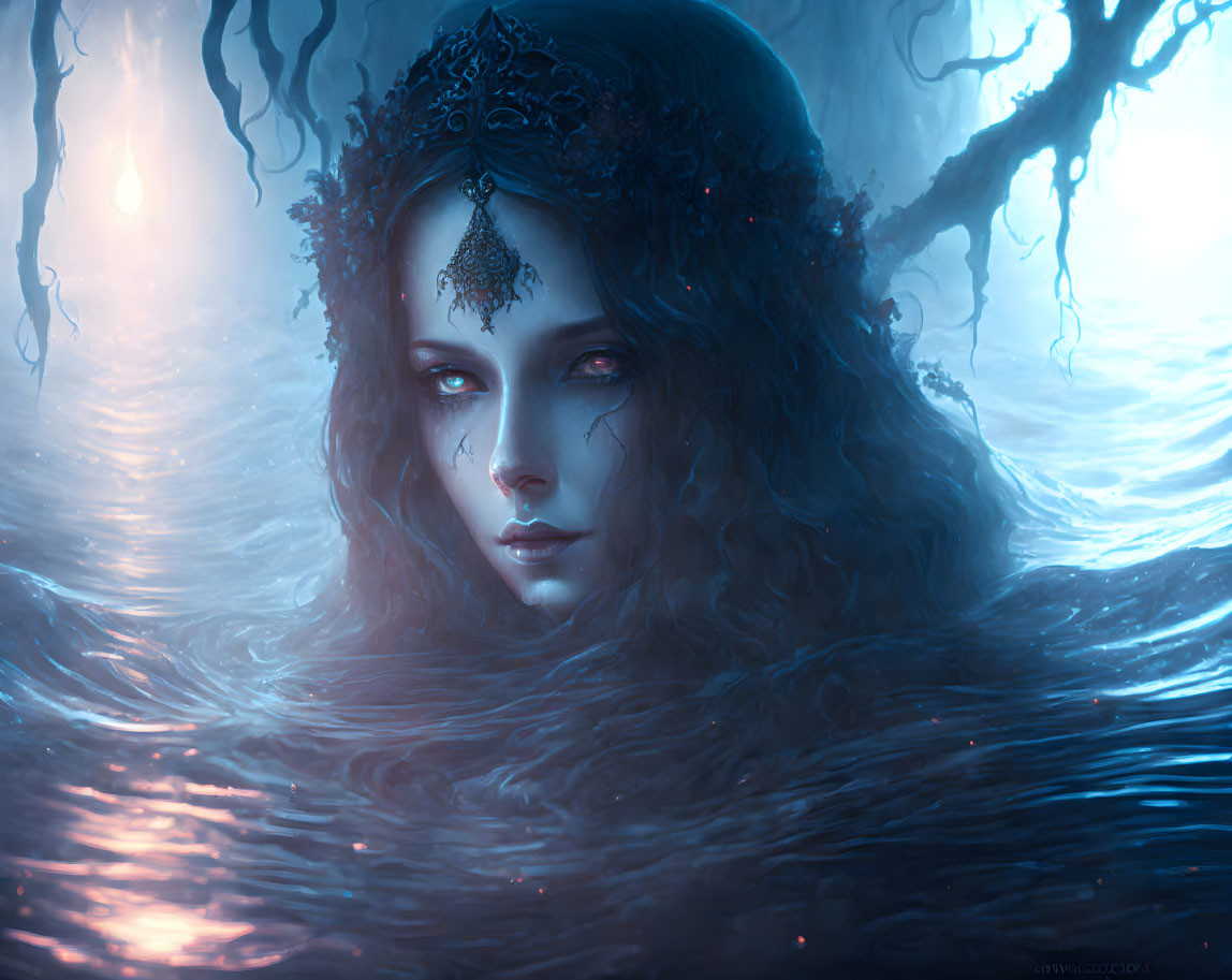 Mysterious woman with piercing eyes in misty waters.