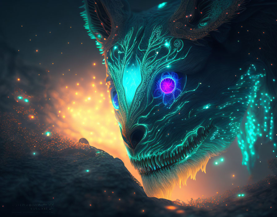 Mystical fox with glowing blue eyes and ethereal markings in magical setting