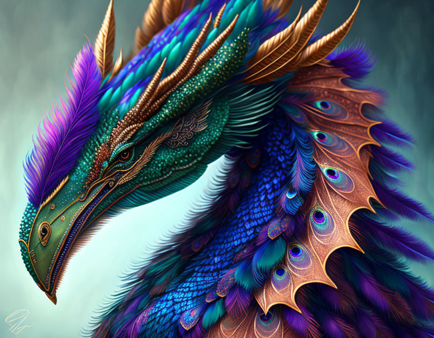 Colorful Mythical Dragon Illustration with Iridescent Feathers