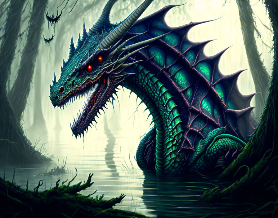 Blue and Green Dragon with Glowing Red Eyes in Eerie Forest with Spiderwebs