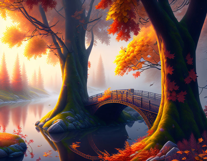 Tranquil river bridge in vibrant autumn forest