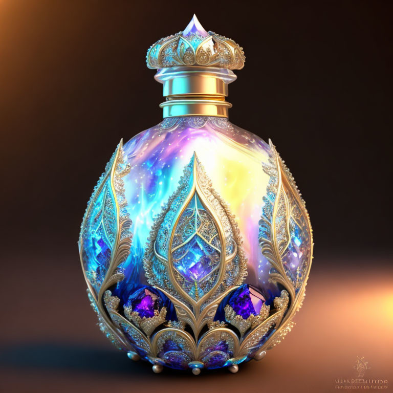 Fantasy perfume bottle with glowing essence, jewels, metallic leaf patterns