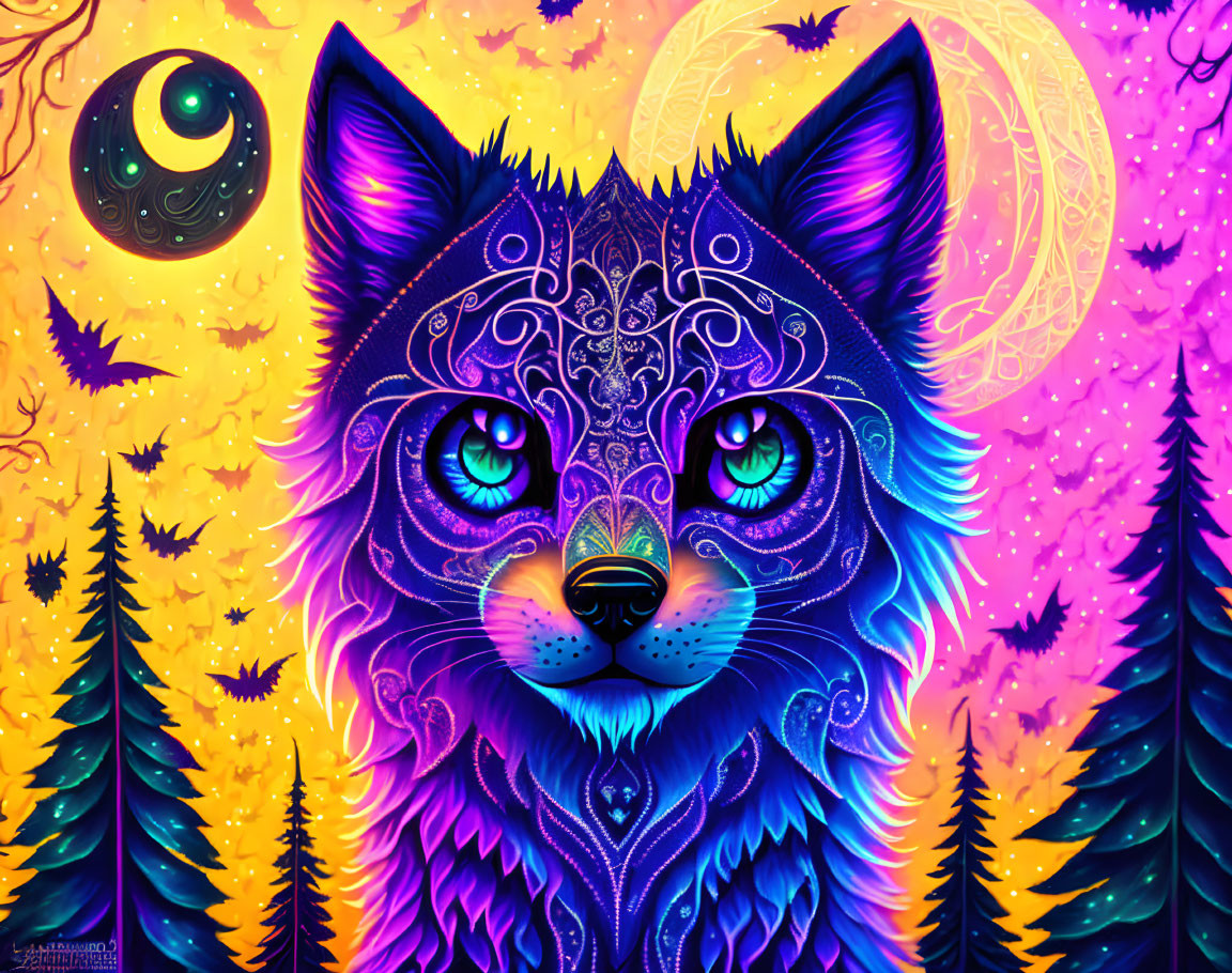 Blue mystical wolf digital art in psychedelic forest setting