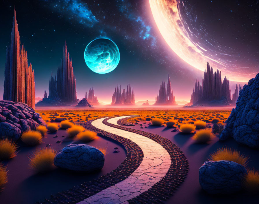 Surreal landscape with cobblestone path, alien flora, rock formations, celestial bodies