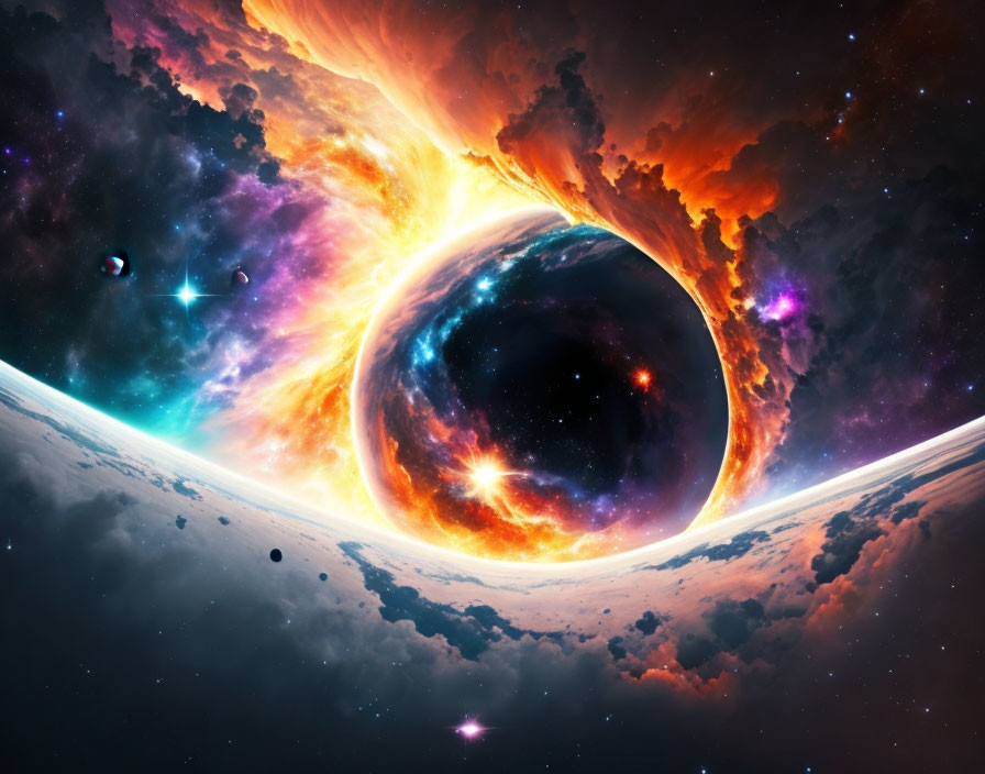 Colorful cosmic scene with black hole and swirling stars.