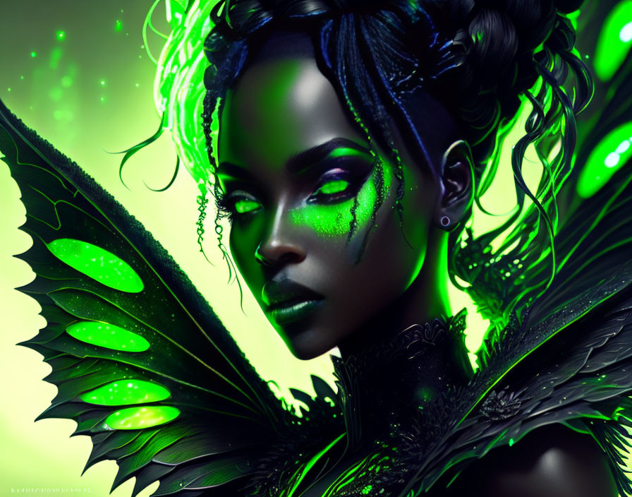 Woman with green luminescent wings and mystical green glow.