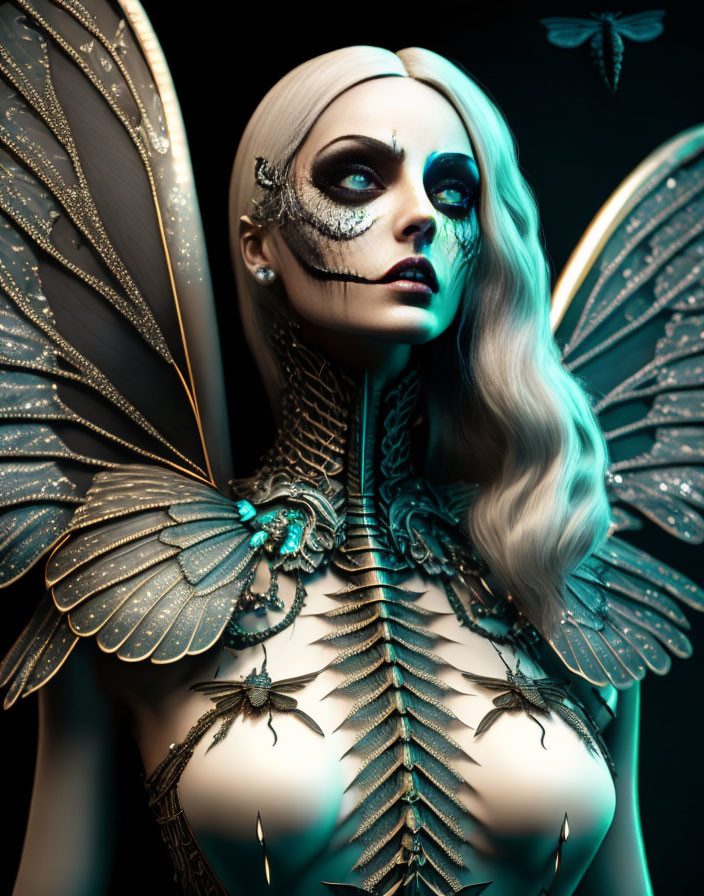 Fantasy image of woman with iridescent wing-like structures and ornate patterns