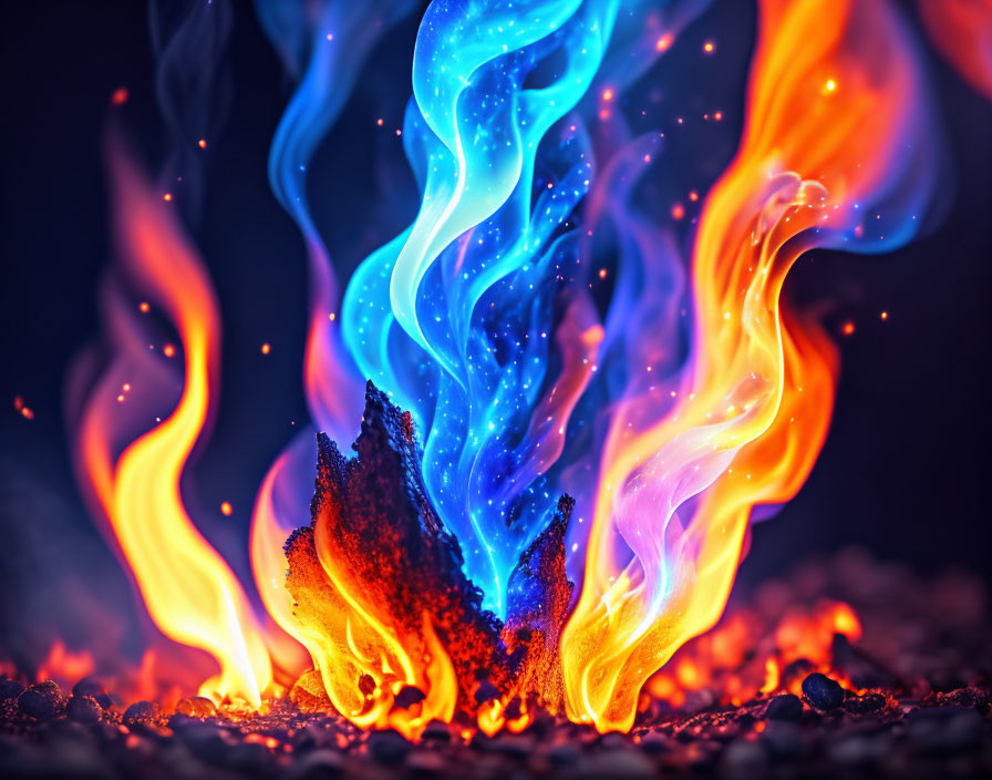 Vibrant Blue and Orange Flames on Dark Background