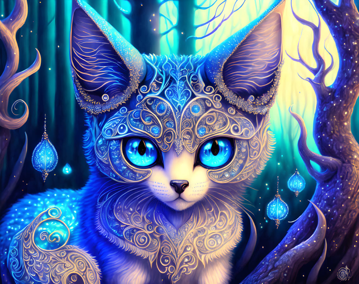 Intricate blue cat illustration in enchanted forest