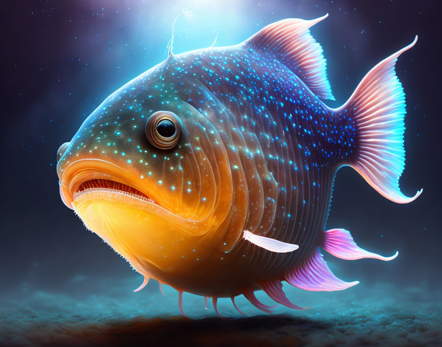 Vibrant digital artwork: luminescent fish in deep blue ocean