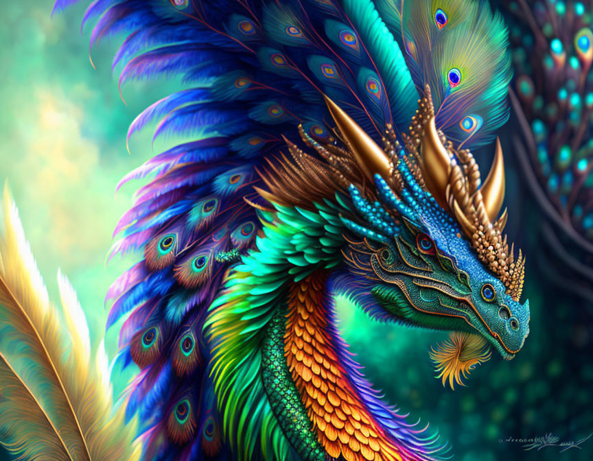 Mythical dragon with peacock feather adornments in vibrant digital art