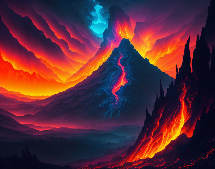 Digital art landscape of volcanic eruption with flowing lava under fiery sky