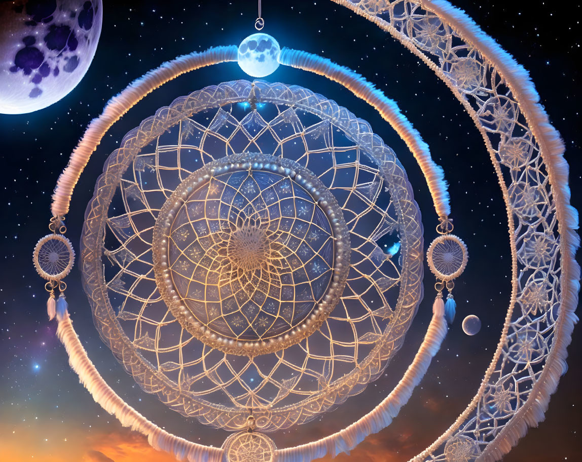 Detailed cosmic dreamcatchers against starry sky & celestial bodies