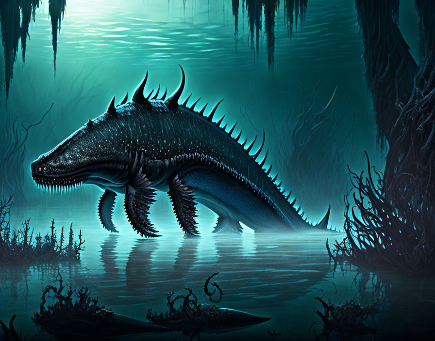 Spiny dragon-like creature in murky swamp with twisted vegetation