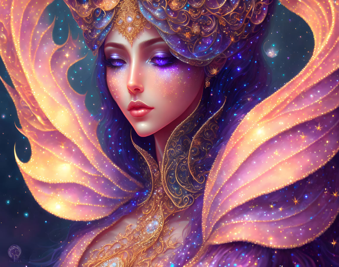 Ethereal fantasy illustration of woman with purple skin, golden headgear, and butterfly wings