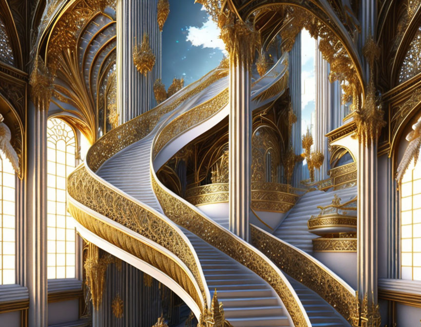 Intricate Gold-Detailed Spiral Staircase in Grand Gothic Interior