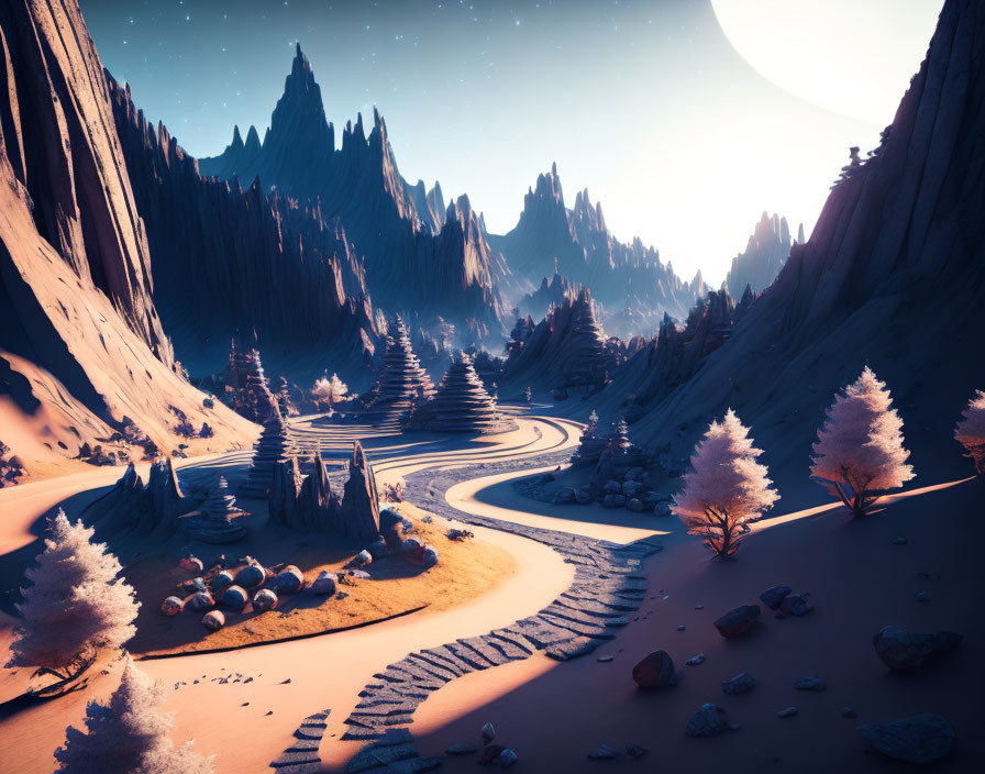 Snowy trees, winding paths, and majestic mountains under a large moon in a dusky fantasy landscape