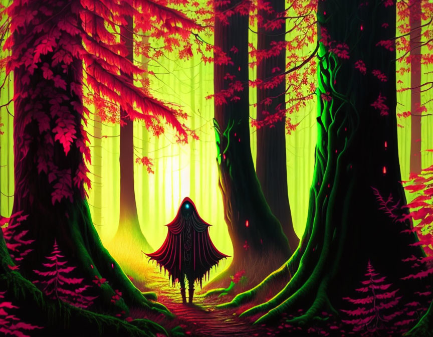 Enchanting forest scene: red foliage, green glow, hooded figure by path.