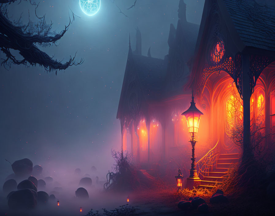 Gothic mansion with red light, misty graveyard, and blue moon at twilight