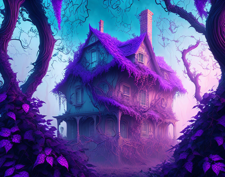 Victorian-style house engulfed in purple foliage in mystical forest