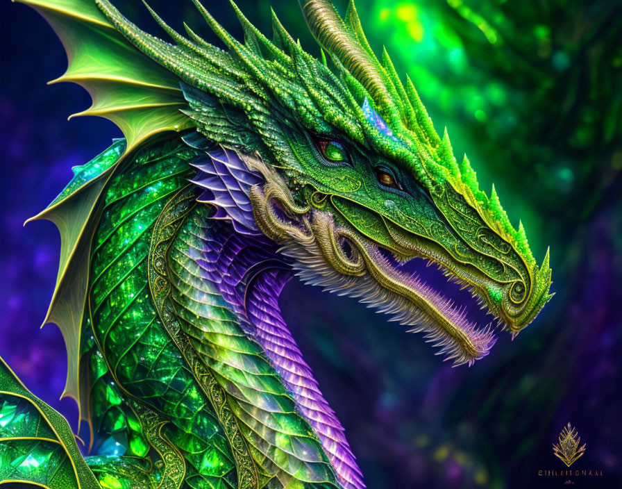 Detailed Image of Green Dragon with Intricate Scales and Blue Eyes