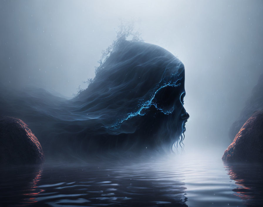 Surrealist image: Woman's face with flowing hair in misty waters