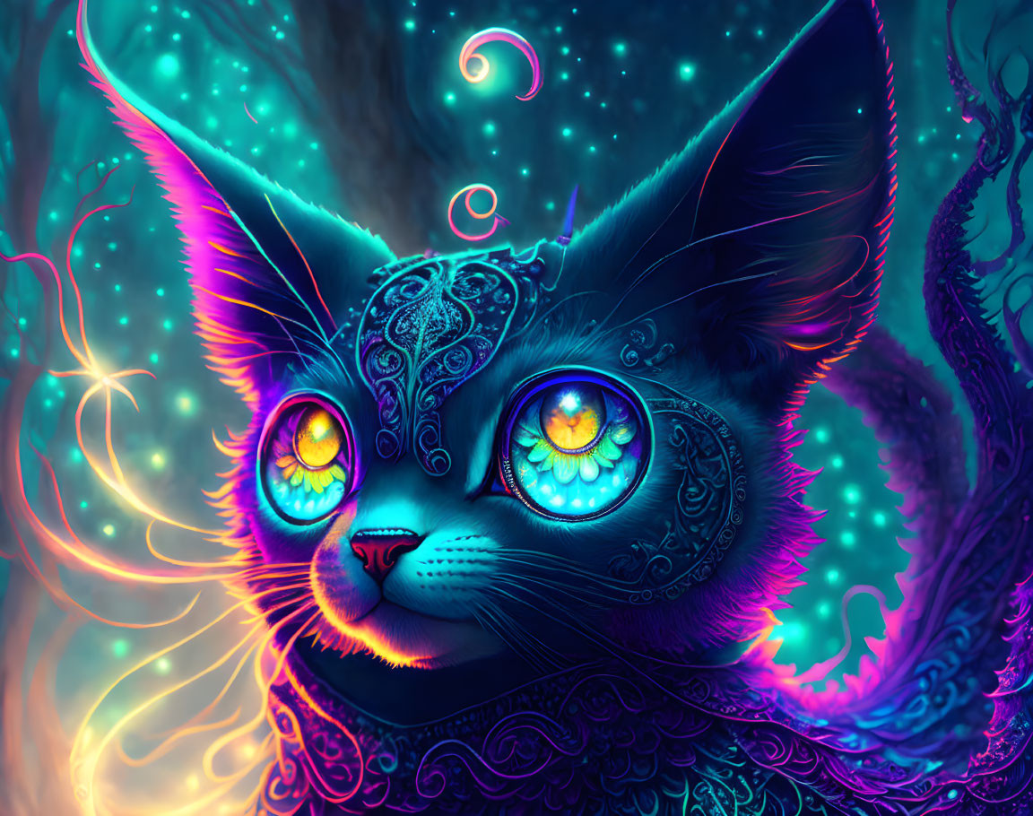 Vibrant digital artwork: Mystical cat with luminous eyes and intricate patterns