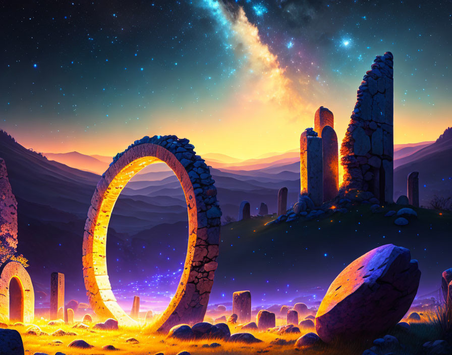 Mystical Twilight Landscape with Stone Ring and Ancient Ruins